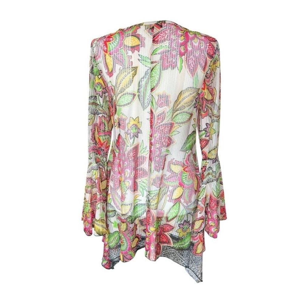 Dor Dor Couture Asymmetrical Hem Open Knit Mesh Long Bell Sleeve Floral Medium - Picture 2 of 8